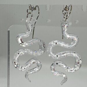 Shiny Silver Sparkle Glitter Dangle Snake Statement Earrings Stainless Steel
